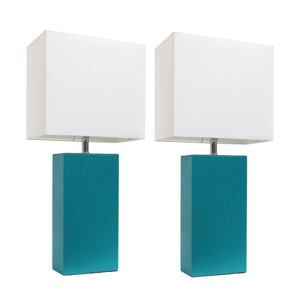 Lalia Home 21 in. 2-Pack Leather Base Modern Home Decor Bedside Table Lamp Set for Living Room, Bedroom, Entryway, Foyer, Teal