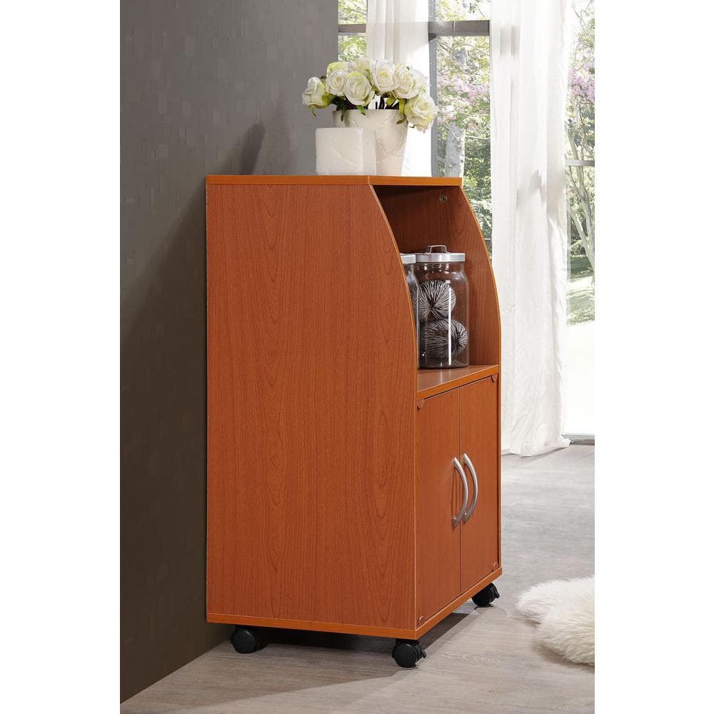 Cherry Wood Microwave Cart with Storage and Wheels