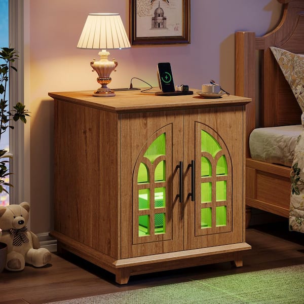 23.6 in. Brown Nightstand with Charging Station and RGB Light, Farmhouse Night Stand Square Bedside Table