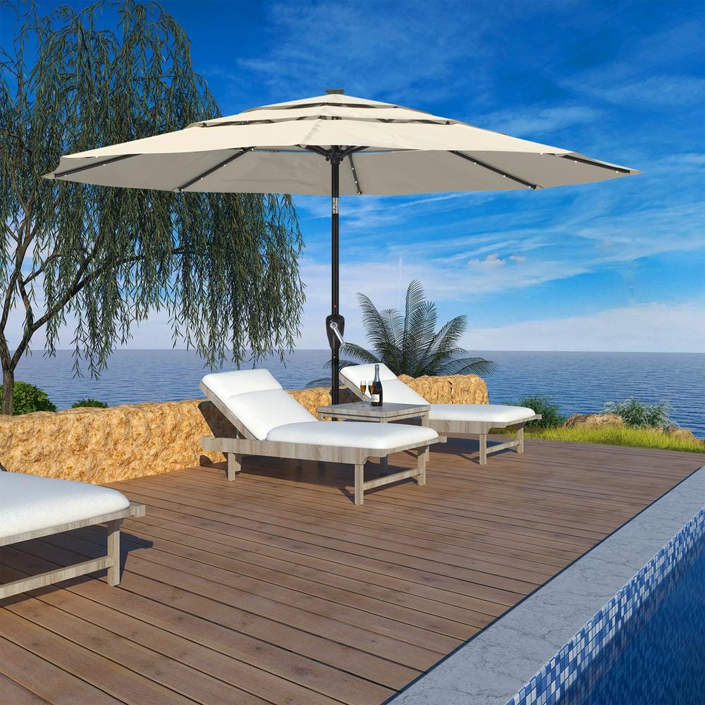 11 ft Tan Aluminum Market Patio Umbrella with LED Lights