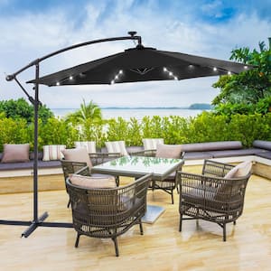 10 ft. Patio Offset Solar LED Umbrellas 50-Plus UV Protection Cantilever Outside Umbrellas, Black