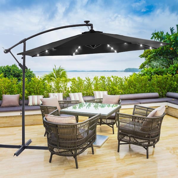 JOYESERY 10 ft. Patio Offset Solar LED Umbrellas 50-Plus UV Protection Cantilever Outside Umbrellas, Black