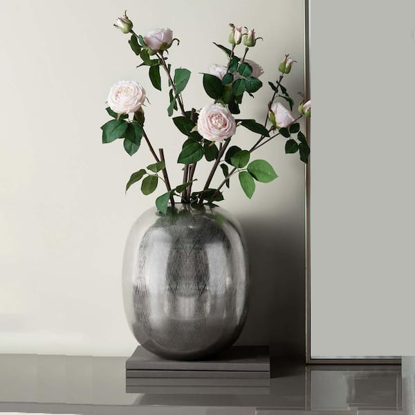 Unbranded 15 in. Silver Aluminum Streak Design Oval Decorative Vase, Modern Minimalist Decorative Vase, Modern Neutral Vase