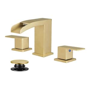 Waterfall 8 in. Widespread Double Handle Low Arc Bathroom Faucet with Drain kit Included in Brushed Gold(1-Pack)