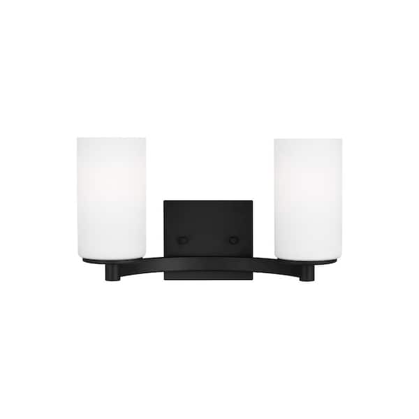 Generation Lighting Hettinger 13.5 in. 2-Light Transitional Contemporary Midnight Black Bathroom Vanity Light with Etched White Glass Shades
