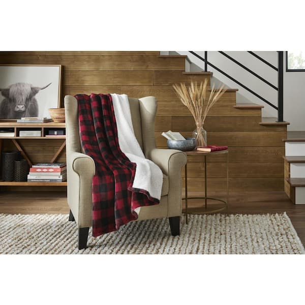 Plush Red Buffalo Check Sherpa Throw Blanket