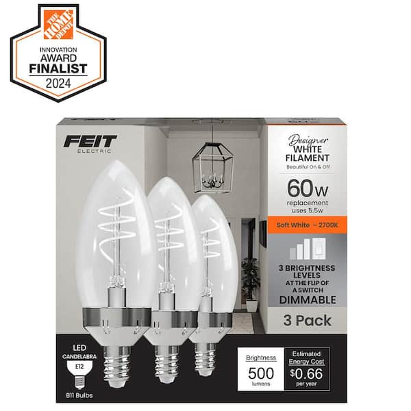 Feit Electric 60W Equivalent B11 E12 Candelabra Switch to Dim White Filament Clear Chandelier LED Light Bulb Soft White 2700K (3-Pack)