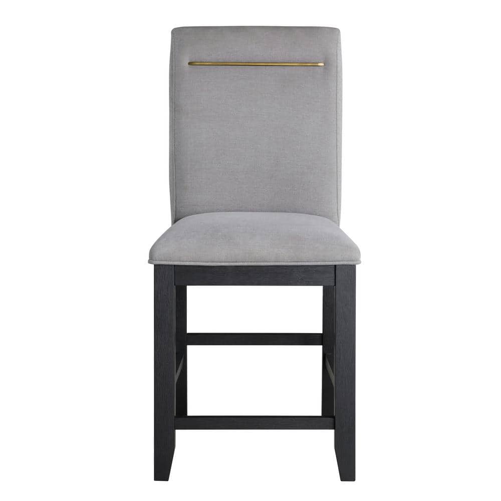 Gray Fabric and Charcoal Wood Counter Stools with Gold Accent
