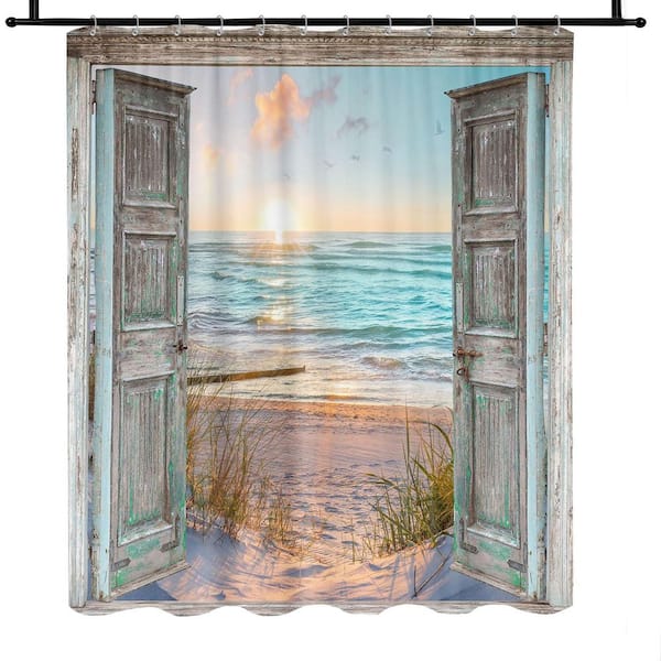 Boho Beach Coastal Shower Curtain Teal Ocean Sunrise Seascape Nautical 72 x 72 Fabric with 12 Hooks Fabric