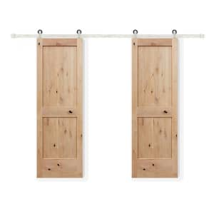 48 in. x 80 in. Bi-parting 2-Panel V-groove Solid Core Knotty Alder Sliding Barn Door Satin Nickel Hardware Kit