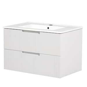 30 in. W Single Sink Floating Bath Vanity in White with White Ceramic Top and 2-Drawers