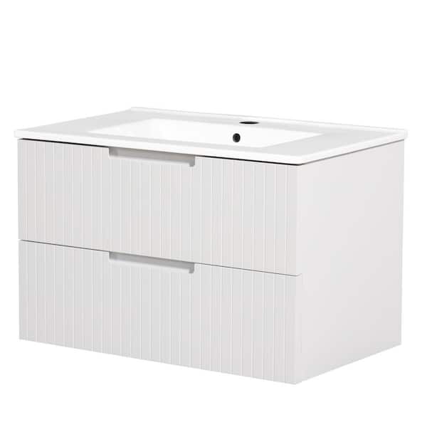 Tenleaf 30 in. W Single Sink Floating Bath Vanity in White with White Ceramic Top and 2-Drawers