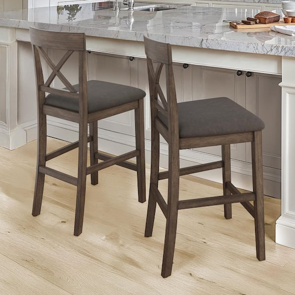 26 in. Rustic Brown Upholstered Barstool X-Shaped Backrest Solid Wood Counter Height Bar Stool (Set of 2)