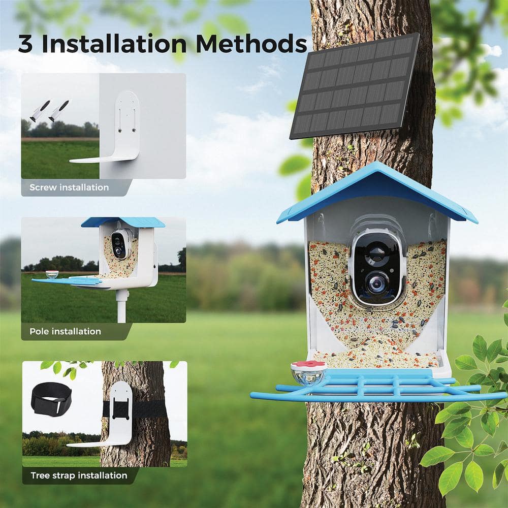 Sky Blue Canopy Plastic Squirrel-Resistant Platform Bird Feeder with Camera