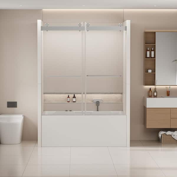 56 to 60 in. W x 62 in. H Double Sliding Tub Door in Brushed Nickel with Clear Glass