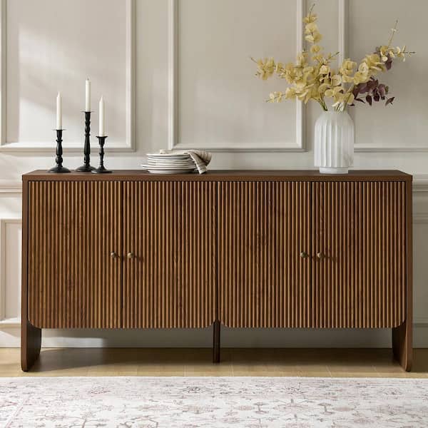 JAYDEN CREATION Phyllis Walnut Wood 63 in. 4-Door Sideboard with Grooved Panel Design and Adjustable Shelves