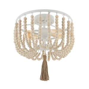 13 in. 2-Light White Flush Mount with Wood Beaded Shade