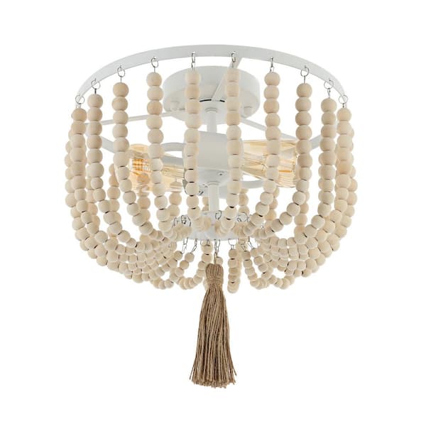 13 in. 2-Light White Flush Mount with Wood Beaded Shade