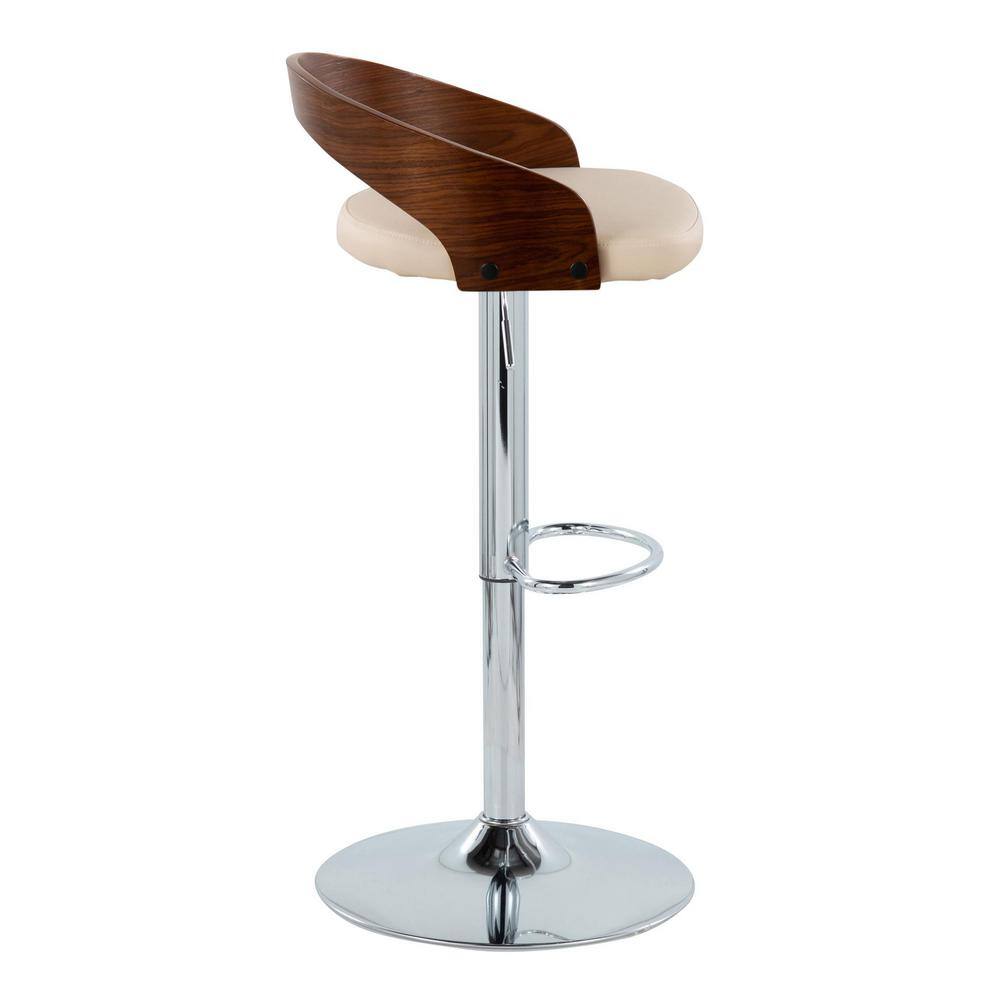 Cream Faux Leather Adjustable Swivel Barstool with Chrome and Walnut