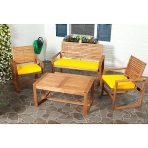 Ozark Natural Brown 4-Piece Wood Patio Conversation Set with Yellow Cushions