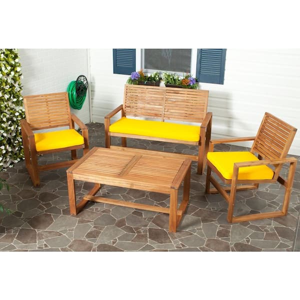 SAFAVIEH Ozark Natural Brown 4-Piece Wood Patio Conversation Set with Yellow Cushions