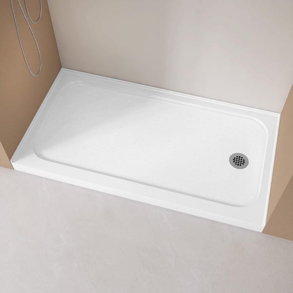 Nsip 60in. L x 32in. W Rectangular Non-Slip Alcove Single Threshold Shower Pan Base w/Right Drain in White Bathroom Tray