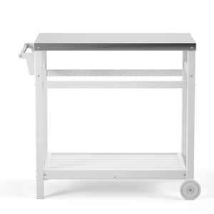 Outdoor Prep Cart Dining Table for Pizza Oven, Patio Grilling Backyard BBQ Grill Cart, White