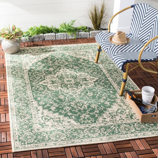 Beach House Green/Cream 8 ft. x 10 ft. Oriental Indoor/Outdoor Patio  Area Rug