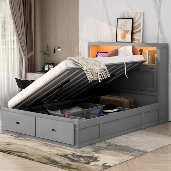Lee Gray Wood Frame Queen Size Platform Bed with LED Headboard, Side-Tilt Hydraulic Storage, 2-Drawers, Charging Station