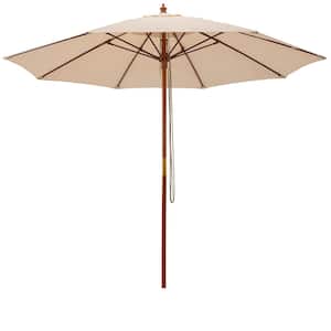 9.5 ft. Rope Pulley Wooden Market Umbrella w/Fiberglass Ribs Patio in Beige