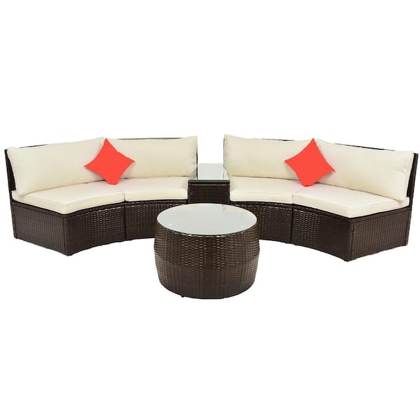 Zeus & Ruta 4-Piece Brown Wicker Outdoor Half-Moon Sectional Furniture Sofa Set with Beige Cushions, Two Pillows and Coffee Table