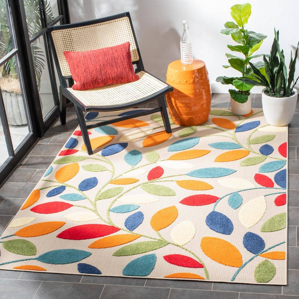 Ivory and Multicolor Synthetic Floral Square Area Rug