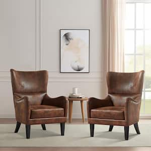 Brown Microfiber Nailhead Accents Wingback Armchair Set of 2