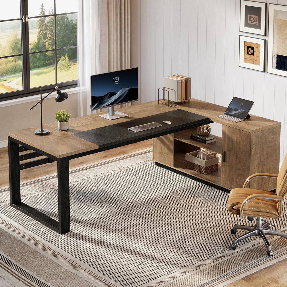 78 in. L Shaped Black and Brown Wood Computer Desk with Storage, Shelves, Large Executive Office Desk