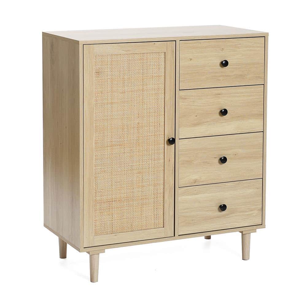 White Oak and Rattan 4-Drawer Storage Cabinet