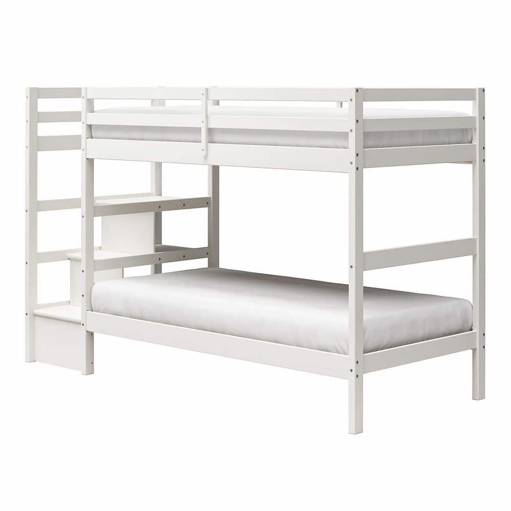 White Twin Over Twin Pine Wood Bunk Bed with Stairs and Shelves