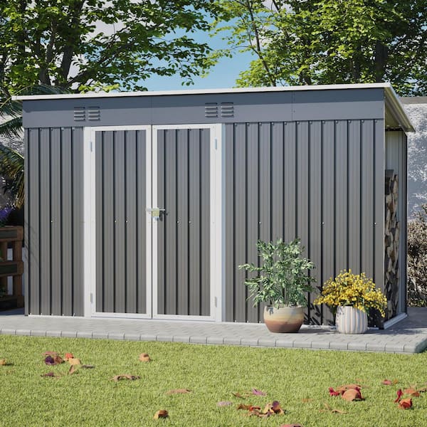 10 ft. W x 4 ft. D Outdoor Metal Storage Shed with Floor, Firewood Storage, Lean-To Garden Shed in Gray (45 sq. ft.)