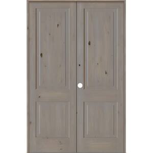 56 in. x 96 in. Rustic Knotty Alder 2-Panel Square Top Right-Handed Grey Stain Wood Prehung Interior Double Door