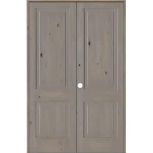 64 in. x 96 in. Rustic Knotty Alder 2-Panel Square Top Right-Handed Grey Stain Wood Double Prehung Interior Door