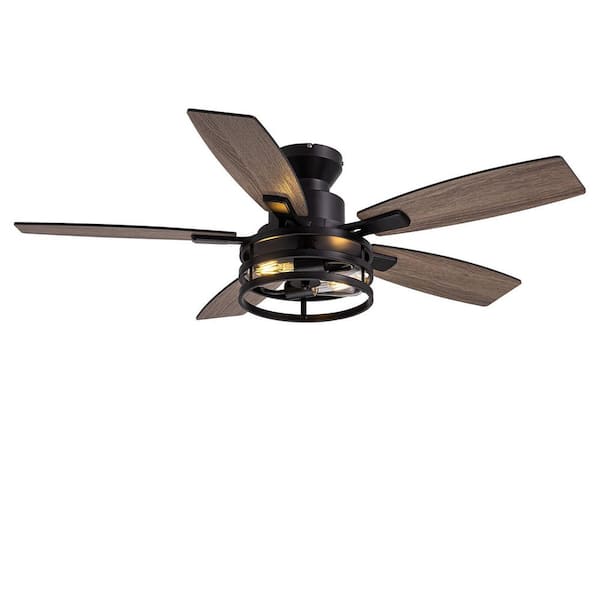 46 in. Indoor Matte Black Layered Caged Ceiling Fan with Light Kit, Five Reversible Blades and Remote Included
