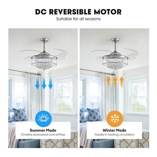 48 in. Indoor Modern Chrome Retractable Crystal Ceiling Fan with Dimmable LED Light Fandelier with Remote APP Control