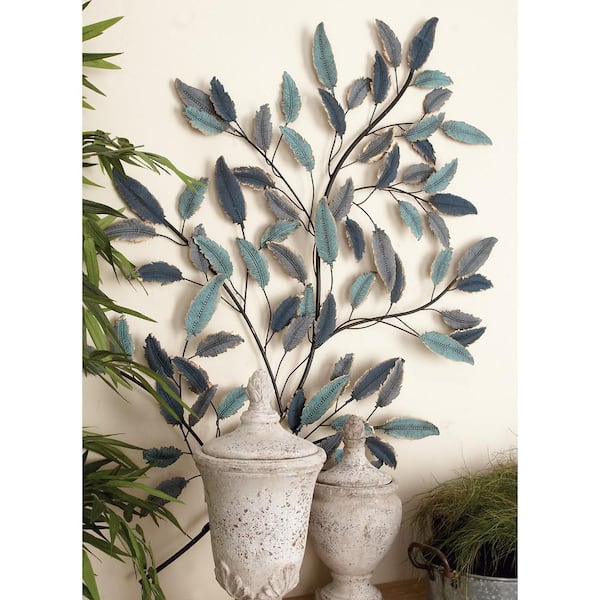 Litton Lane 31 in. x  45 in. Metal Blue Leaf Wall Decor with Black Stems