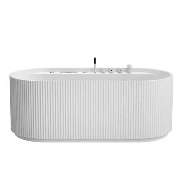 66.93 in. x 31.5 in. Flat Bottom Freestanding Acrylic Whirlpool Bathtub in White with Hydro Air Massage, LED Light