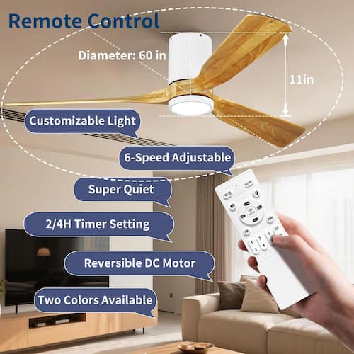 60 in. Indoor White Hugger Flush mount Ceiling Fan with Solid Wood Blades and Full Spectrum Light and Remote Control LINJO Ceiling Fans With Lights