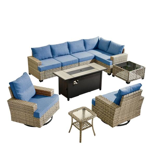 Torino Gray 10-Piece Wicker Outdoor Patio Conversation Sofa Sectional Set with a Metal Fire Pit and Denim Blue Cushions