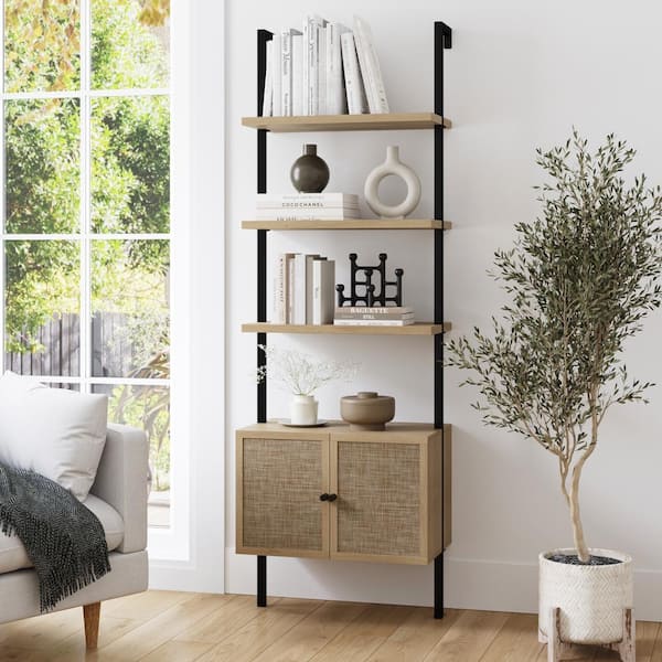Nathan James Theo Open Shelf 73 in. High Light Oak Wood 3-Shelf Ladder Bookcase with Rattan Cabinet Doors and Matte Black Frame
