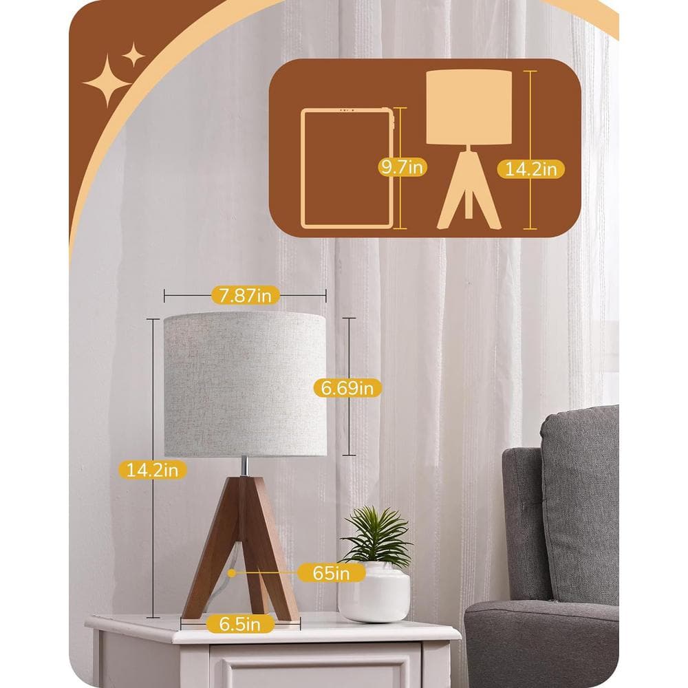 14.2 in. Light Brown Wooden Base Table Lamp Set with Beige Shade and Tripod (Set of 2)