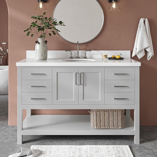 ARIEL Magnolia 55 in. W x 22 in. D x 36 in. H Bath Vanity in Grey with Pure Quartz Vanity Top in White with White Basin
