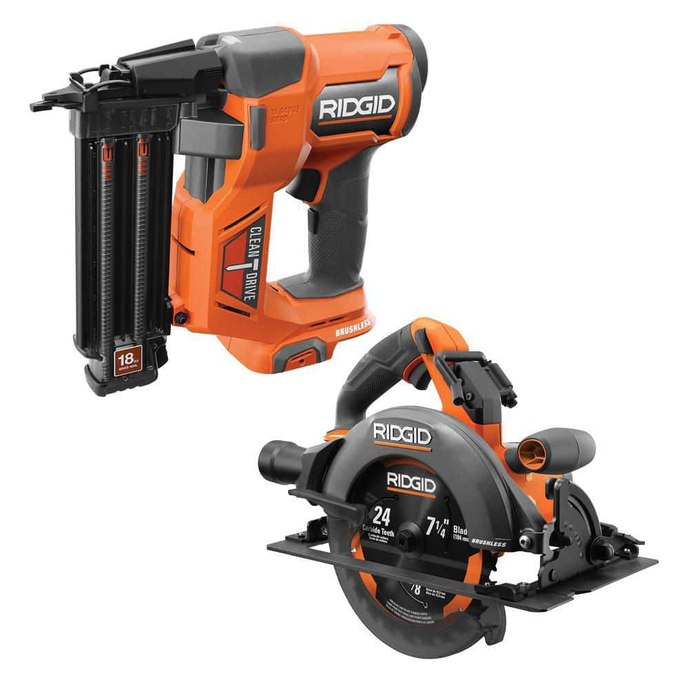 RIDGID 18V Brushless Cordless 18-Gauge 2-1/8 in. Brad Nailer with Brushless  7-1/4 in. Circular Saw (Tools Only) R09891B-R8657B The Home Depot