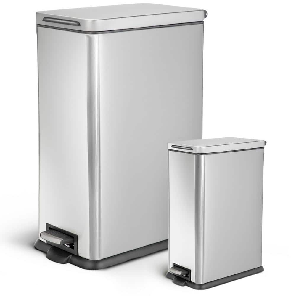 Home Zone Living 11.9 Gal. and 2.5 Gal. Stainless Steel Step-On Kitchen Household Trash Can Combo Value Set with Soft Close Lid